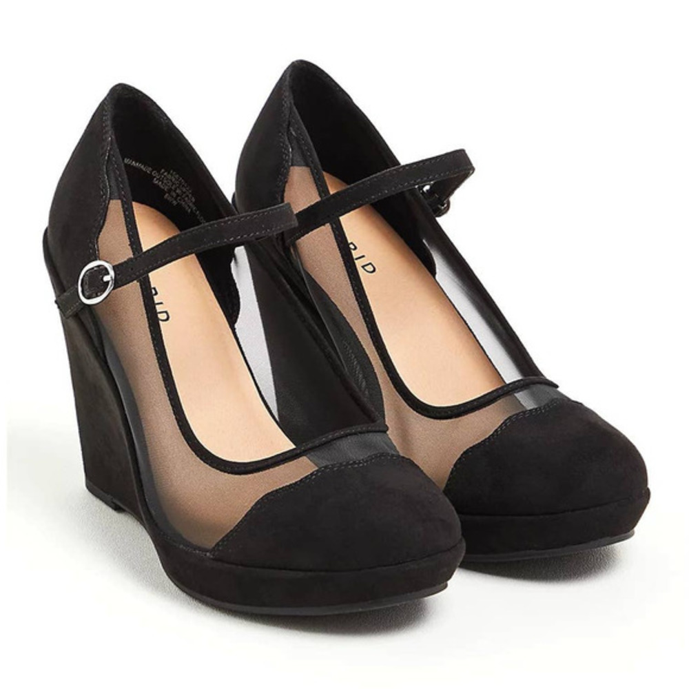 New Torrid 13WW 13 Wide Sexy Black Platform Faux Suede & Mesh 4.5" Wedge Heels